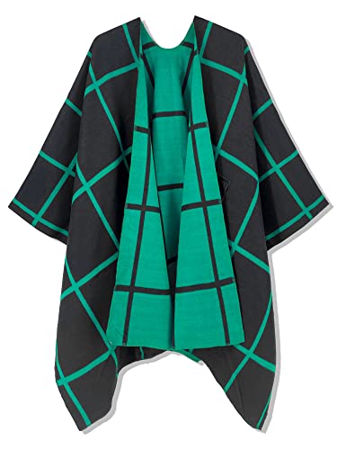 Moss Rose Women Shawl Wrap Poncho Open Front Cardigan Shawl for Fall Winter - color: Green&black, size: One Size
