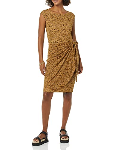 Amazon Essentials Women's Cap Sleeve Boat-Neck Faux Wrap Pleated Matte Jersey Dress - color: Dark Camel, Leopard, size: X-Small