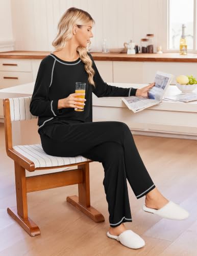 Ekouaer Womens Pajamas Long Sleeve Pjs Soft Loungewear 2 Piece Lounge Sets - color: Black, size: X-Large