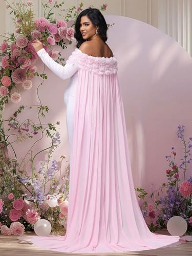 Maternity Mesh Off Shoulder Chiffon Cloak Maxi Photoshoot Dress - color: Pink-long Sleeve, size: X-Large