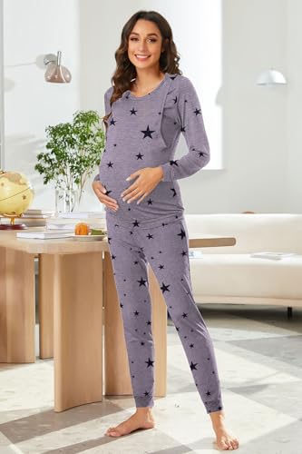 Ekouaer Nursing Pajamas Set Long Sleeve Maternity Clothes Thermal Underwear - color: Grey Star, size: X-Large