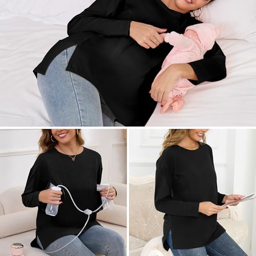Women's Nursing Shirts Long Sleeve with Hidden Zipper Oversized Breastfeeding Tops Side Split Maternity Blouse - color: Charcoal Gray, size: X-Large