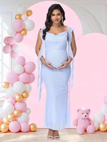 Women's Maternity Draped Neck Ruffle Bodycon Baby Shower Dress - color: Blue, size: Medium