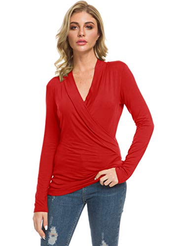 Afibi Womens Slim Fitted Deep V Neck Cross Wrap Top Long Sleeve T-Shirts - color: Red, size: X-Large