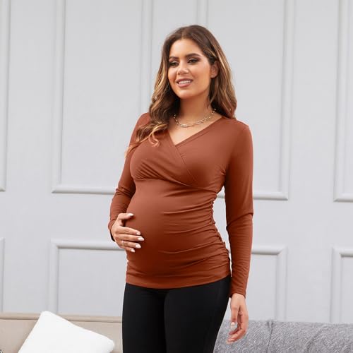 Maternity Shirt Long Sleeve Top Wrap V Neck Blouse Cross Over Nursing Tshirt - color: Dark Grey /Coffee /Caramel, size: Large