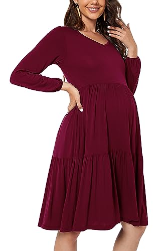 Smallshow Women's Maternity Dress Ruffle Long Sleeve Pregnancy Clothes - color: Maroon, size: Medium