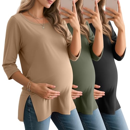 3 Pack Women's 3/4 Sleeve Maternity Loose Crewneck Tops - color: Khaki, Army Green, Black, size: X-Large