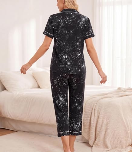 ENJOYNIGHT Womens Pajama Set Capri Short Sleeve Button Down Pj with Pocket - color: Black Star, size: Small