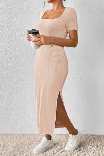 CFLONGE Womens Bodycon Maxi Dresses Casual Ribbed Dress - color: Apricot, size: Small