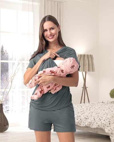 Rnxrbb 3 Piece Maternity Nursing Pajamas Set for Women Postpartum Pjs - color: Cyangray, size: Medium