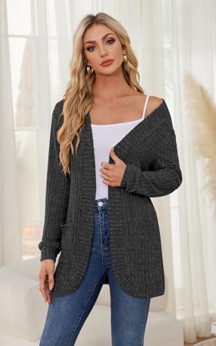 DB MOON Womens Long Cardigan Sweater Lightweight Open Front Long Sleeve Outfits with Pockets - color: Dark Gray 01, size: XX-Large