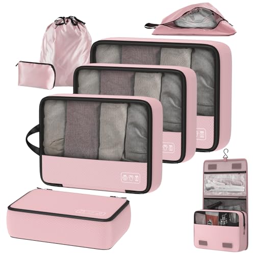 Compression Packing Cubes for Carry On Travel, 8-Piece Luggage Organizers - color: Pink-8 Set