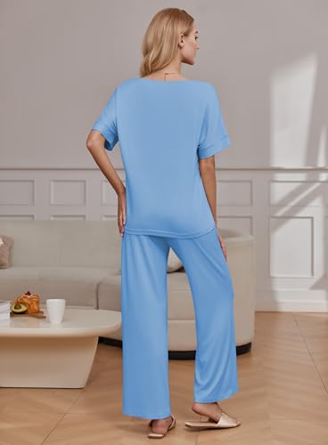 Ekouaer Pajama Sets Womens 2 Piece Short Sleeve Long Pants Pjs Lounge Set - color: Light Blue, size: Small