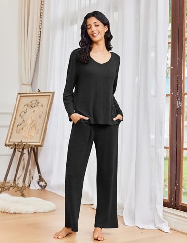 Ekouaer Fall Pajamas for Women Set Long Sleeve V Neck 2 Piece Lounge Sets - color: Black, size: Large