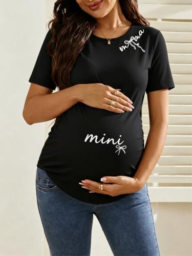 Maternity Shirts for Women Pregnancy Top Tees Crew Neck Graphic Side Ruched Casual Mama Clothes - color: Black, size: Medium