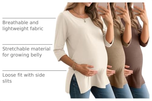 3 Pack Women's 3/4 Sleeve Maternity Loose Crewneck Tops - color: Cream, Khaki, Coffee Grey, size: XX-Large