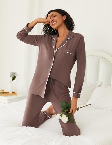 Ekouaer Womens Pajamas Set Button Down Long Sleeve Top & Pants Lounge Sets - color: Brown, size: Medium