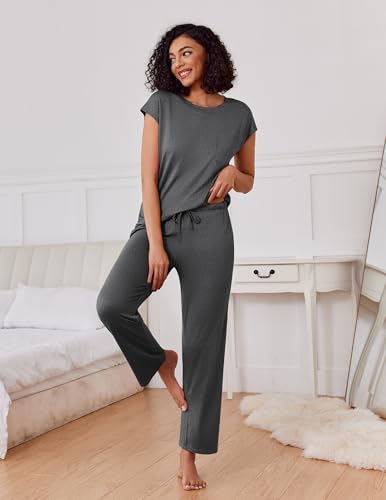 Ekouaer 2 Packs Pajamas for Women Set Cap Sleeve Top and Pants Lounge Set - color: Deep Grey/Deep Green, size: Small
