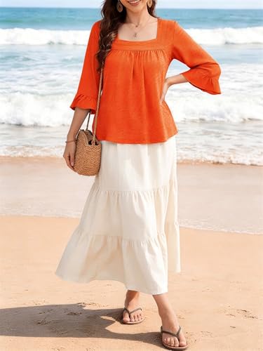 Bulotus Womens Plus Size Tops Square Neck Blouse Boho Top Chiffon 3/4 Sleeve Ruffle Shirt Cute Tunic 2026 Spring Summer - color: Orange, size: X-Large Plus