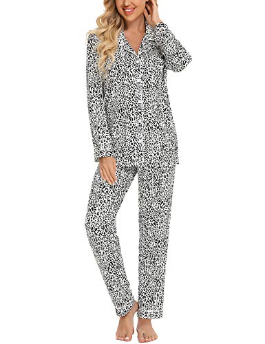 Anjue Pajamas For Women Set Long Sleeve Button Up Sleepwear Soft Pjs - color: Black Leopard, size: X-Large