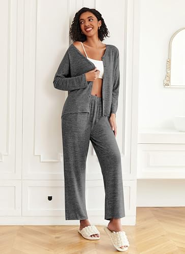 Ekouaer Womens Pajama Sets Button Up Long Sleeve Lounge Set Soft V Neck Pj - color: Flower Grey, size: Medium