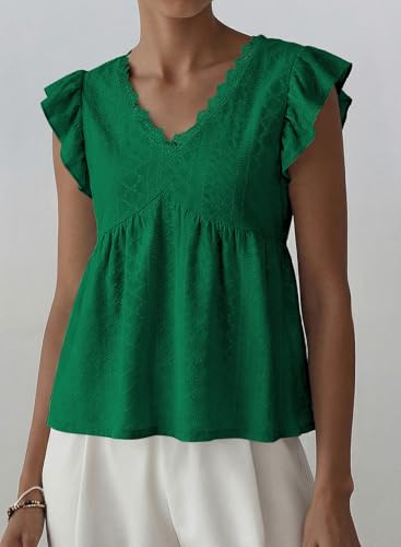 BLENCOT Peplum Tops for Women Trendy Lace V-Neck Ruffle - color: Blackish Green, size: Medium