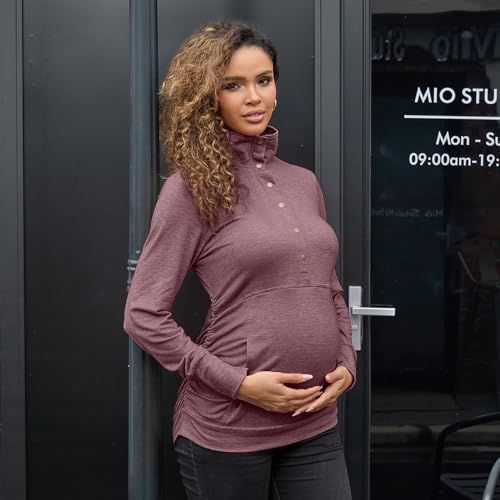 Bhome Maternity Shirt Casual Long Sleeve Half Button Front Lightweight Sweatshirts Slim Fit Pullover Tops with Pockets - color: Burgundy, size: Small