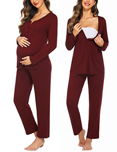 Ekouaer Maternity Nursing Pajama Set Long Sleeve Postpartum Pjs Mom Clothes - color: Wine Red, size: Large