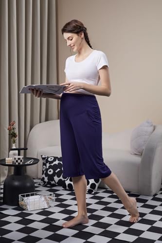 Maternity Lounge Capri Pants, Maternity Cropped Capri Pregnancy, Light Relaxed Soft Touch Trousers with Pockets - color: Navy Blue, size: Medium