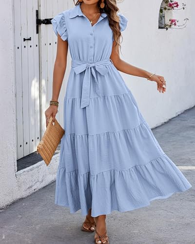 dowerme Women Ruffle Sleeve Button Belted Boho Maxi Dress - color: Sky Blue, size: Large