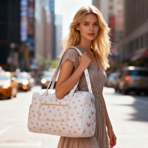 Quilted Duffle Bag for Women, Bow Print Weekender Overnight Travel Bag - color: Small Dot Print