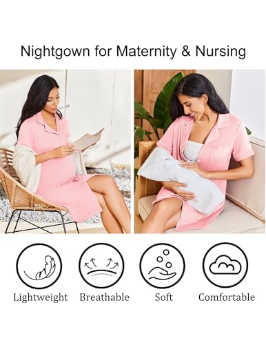 Ekouaer Nightgowns for Women Bamboo Viscose Button Down Sleepshirts - color: Pink, size: Large