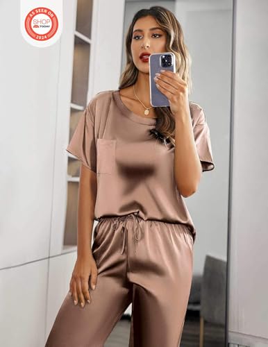 Ekouaer Pajamas for Women Set Silky Satin 2 Piece Lounge Sets with Pockets - color: Brown, size: Large