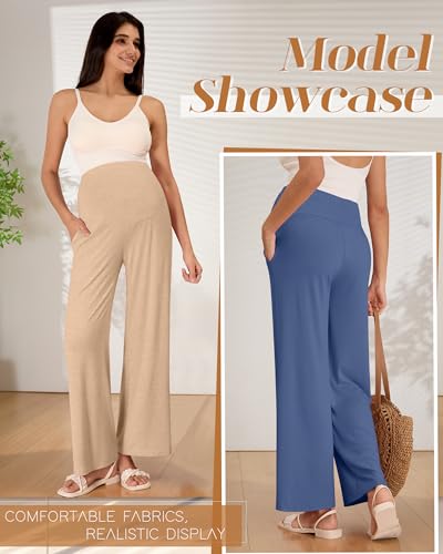 3 Pack Women's Maternity Lounge Pants with Pockets - color: Brown, Apricot, Blue, size: Large