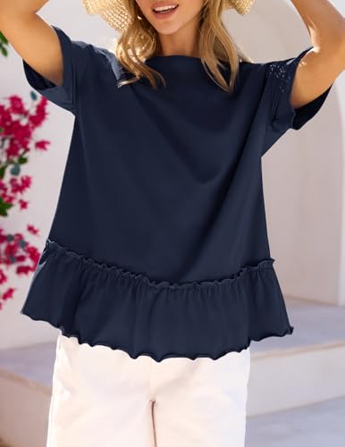 MEROKEETY Women's 2026 Summer Short Sleeve Peplum Casual Ruffle Tops - color: Navy, size: X-Large