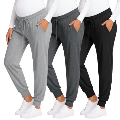 3 Pack Women Maternity Pants Pregnancy Lounge Jogger - color: Black, Dark Gray, Light Gray, size: Large