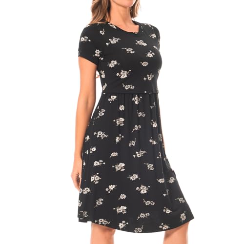 Bearsland Women's Short Sleeves Maternity Dress Nursing Breastfeeding Dresses with Pockets - color: Blackwhitef, size: Medium
