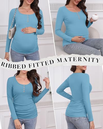 4 Pack Maternity Long Sleeve Shirts Pregnancy Tops - color: Black, Coffee, Dark Blue, Teal, size: Medium