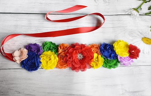 Rainbow Maternity Sash Belt Flower Wedding Sash Sash for Baby Shower (Red)