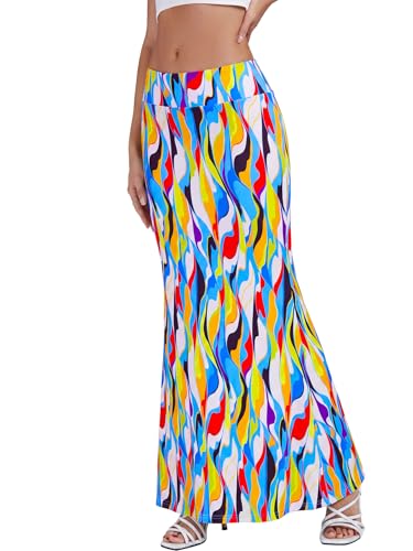 KIFOVEN Women's Foldover High Waist Maxi Skirt - color: Colorful Moire, size: X-Small