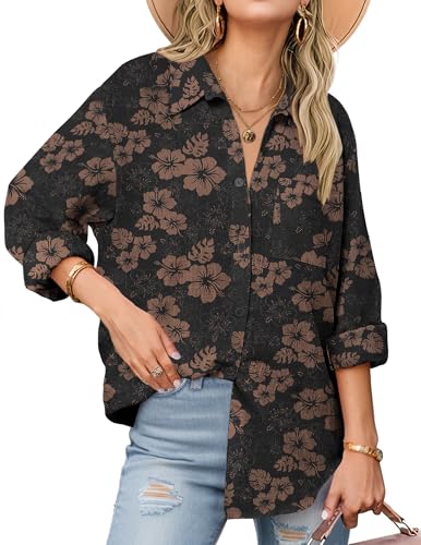 Zeagoo Womens Button Down Shirts Long Sleeve Casual Cotton Gauze Tops - color: Black Hawaiian, size: Small