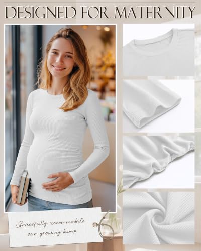 Ficerd 4 Pack Women's Maternity Shirts Long Sleeve Pregnancy Top - color: Black, Light Heather Gray, Khaki, White, size: Large