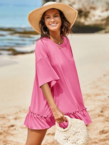 Tankaneo Womens Peplum Oversized Tshirt Summer Flowy Babydoll Tunic Tops - color: Pink, size: Medium
