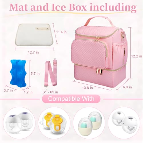 Wearable Breast Pump Bag with Cooler Compartment & Ice Pack & Mat - color: Pink