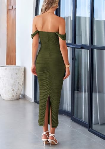 PRETTYGARDEN Womens Off Shoulder Maxi Wedding Guest Dress - color: Army Green, size: Large