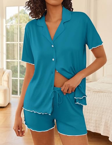 Ekouaer Womens Pajama Sets Button Up Pjs Shorts Set Soft Sleepwear S-XXL - color: Blue Green, size: Medium