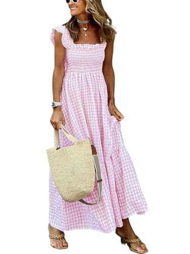 Women's Sleeveless Strap Retro Plaid A-Line Smocked Maxi Long Dress with Ruffled Hem - color: Pink, size: Medium