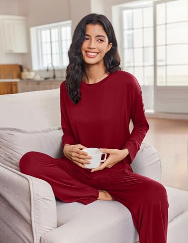 Ekouaer Lounge Sets for Women Long Sleeve Pajamas Fall Loungewear - color: Wine Red, size: Small