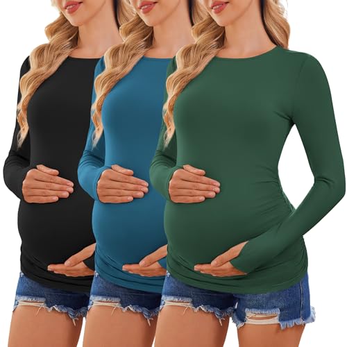 Ekouaer Womens 3 Pack Long Sleeve Maternity Shirts Thumb Hole Tops - color: 3pcs Black / Dark Green / Haze Blue, size: Medium
