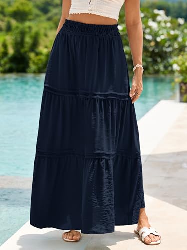 Simplee Womens Maxi Skirt Summer Long Flowy Tiered High Waisted A Line Smocked Beach Vacation Boho Skirts Wear with Pockets - color: Navy, size: Medium